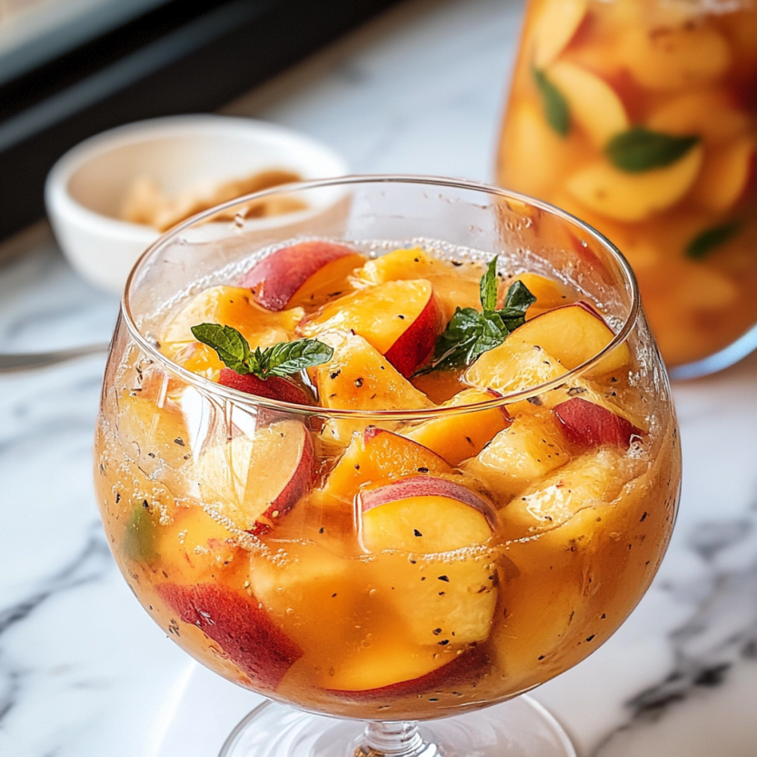 A glass of white peach sangria.