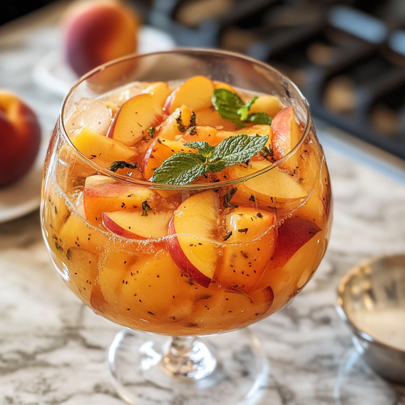 A glass of white peach sangria.