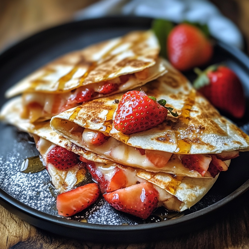 Strawberry cheesecake quesadillas with strawberries on top.