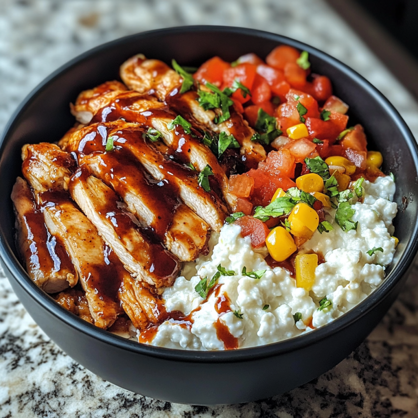 A bowl of BBQ chicken and cottage cheese.