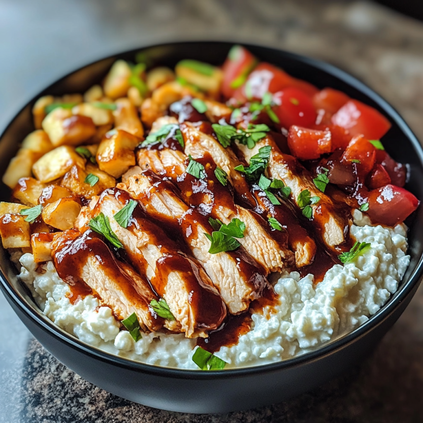 A bowl of BBQ chicken and cottage cheese.
