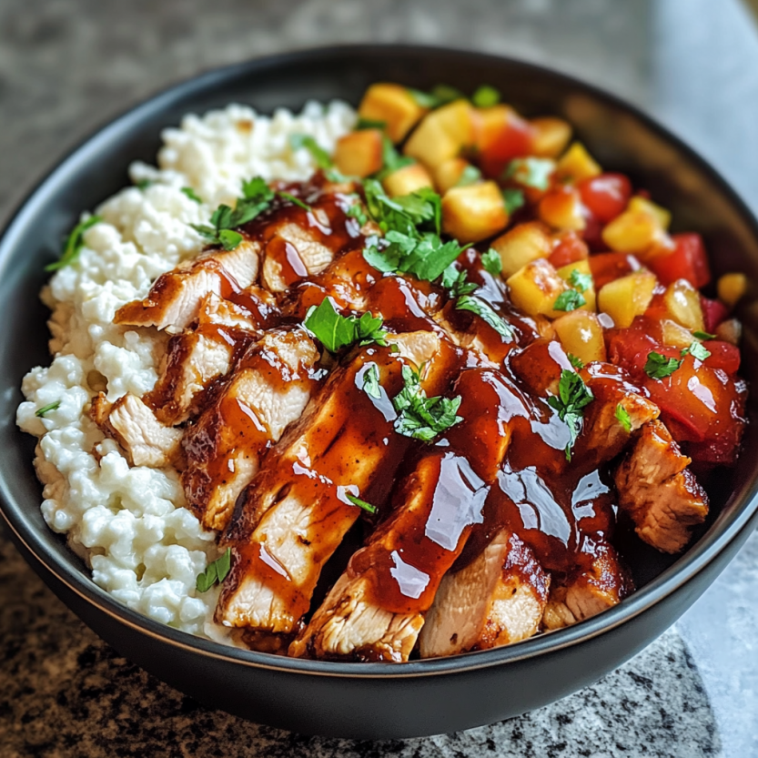A bowl of BBQ chicken and cottage cheese.