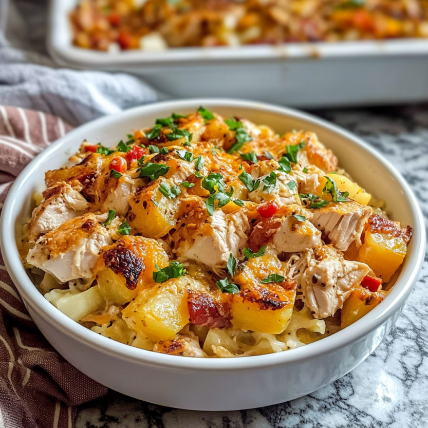 A white bowl filled with chicken and potatoes.