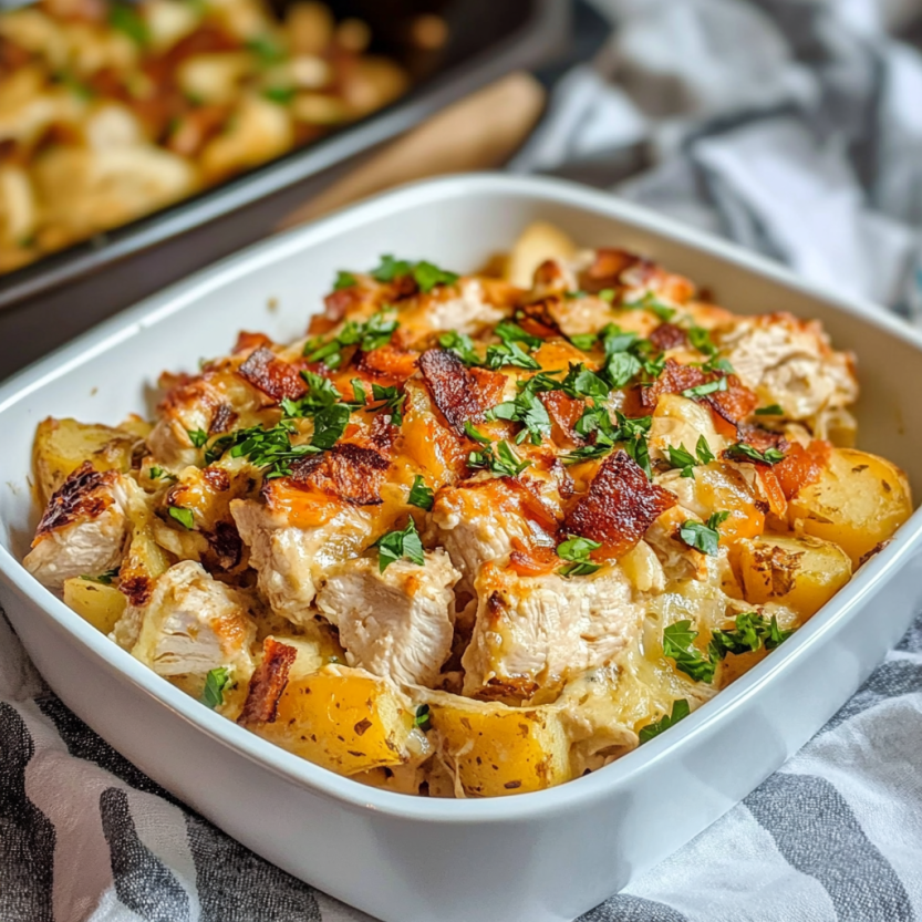 A white bowl filled with chicken and potatoes.