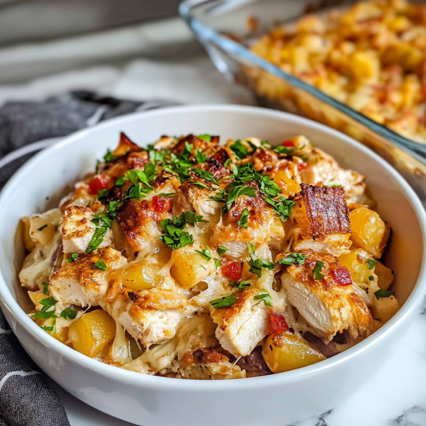 A white bowl filled with chicken and potatoes.