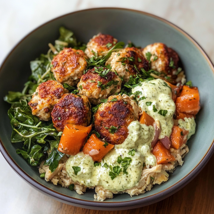 A bowl of food with meatballs and vegetables.