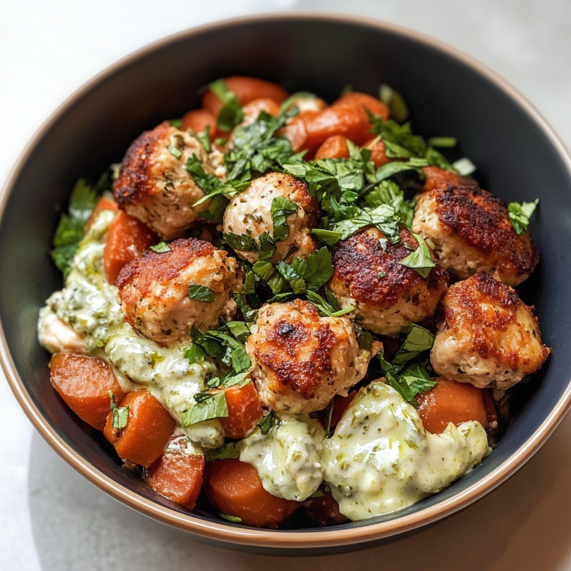 A bowl of herby chicken meatballs.