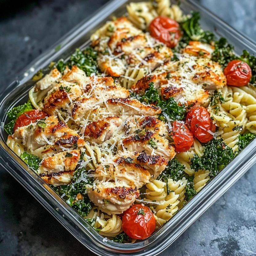 A dish of garlic marinated chicken with pasta and tomatoes.