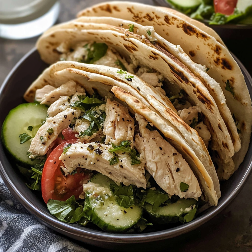 A bowl of Greek chicken stuffed pitas.