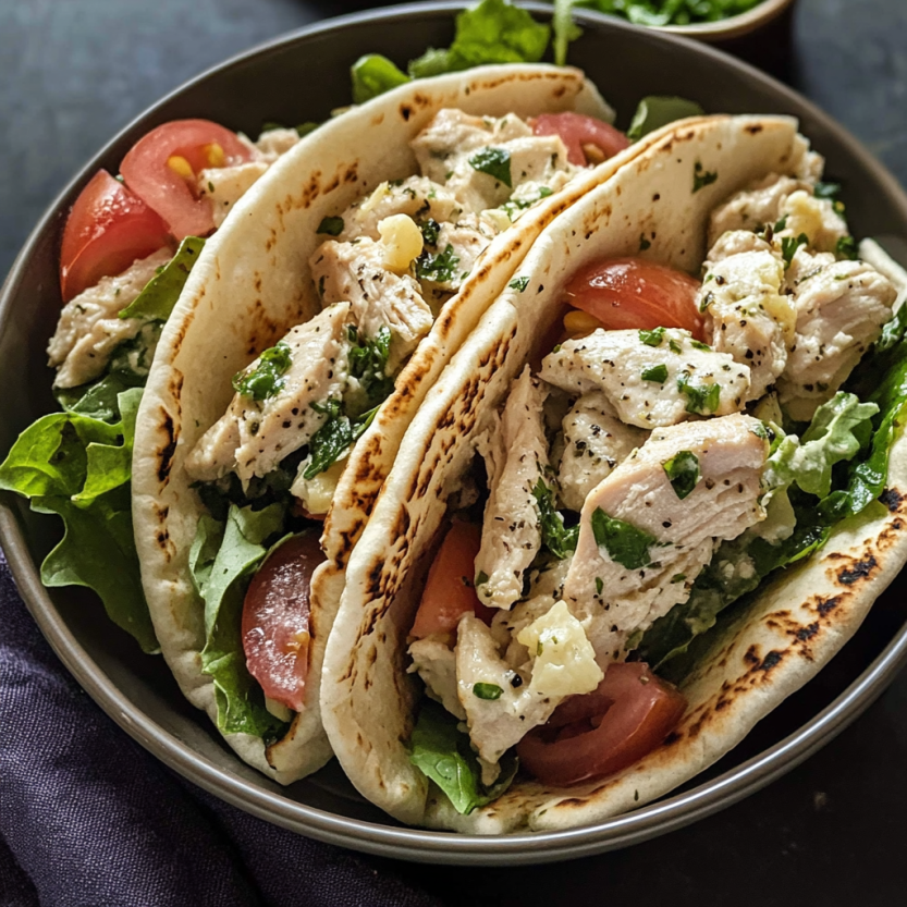 A bowl of Greek chicken stuffed pitas.