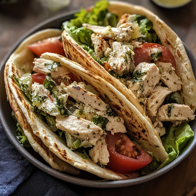 A plate of Greek chicken stuffed pitas.