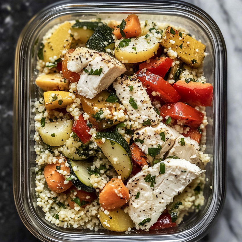 A container of roasted vegetable couscous meal prep.