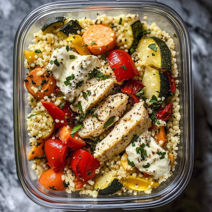 A bowl of roasted vegetables and couscous.