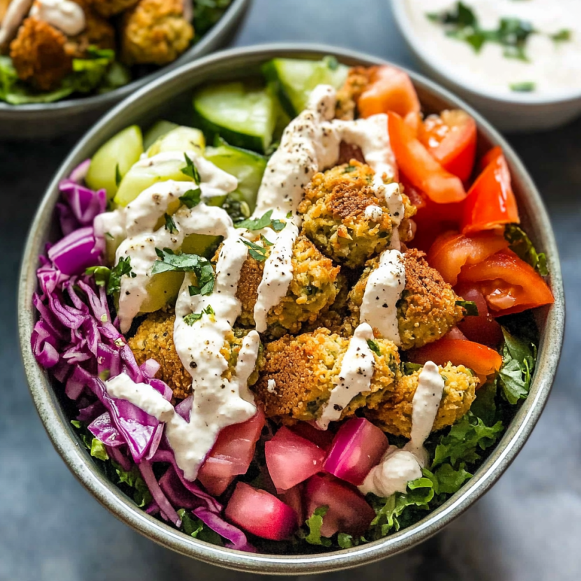 A bowl of chicken falafel with tomatoes, cucumbers, and lettuce.