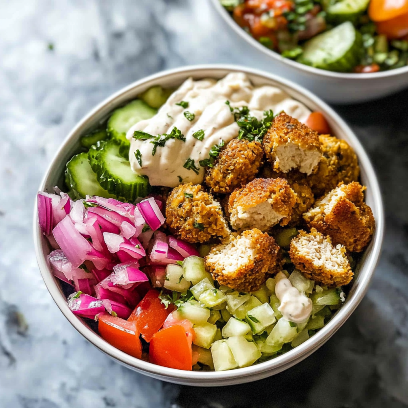 A bowl of chicken falafel with various vegetables.