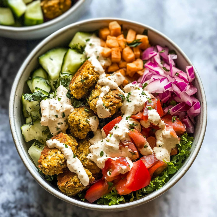 A bowl of chicken falafel with tomatoes, cucumbers, and onions.