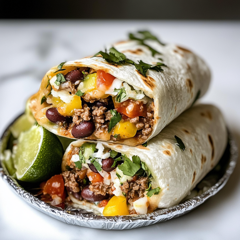 Two beef and bean burritos on a plate.