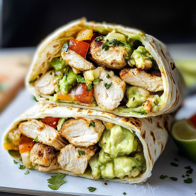 A burrito filled with chicken and avocado.