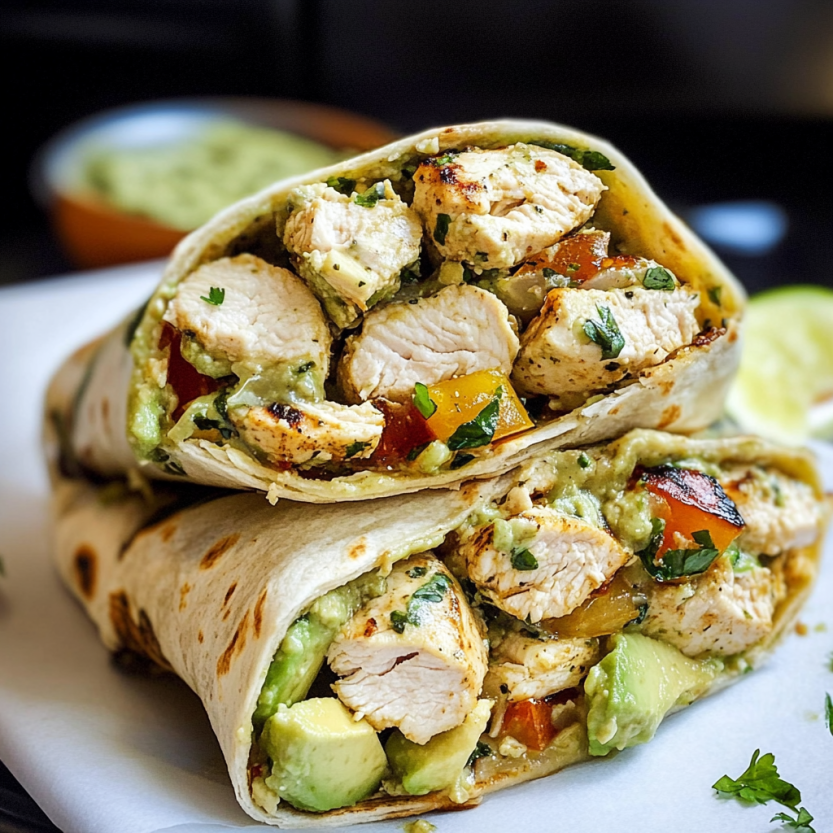 Two chicken and avocado burritos on a plate.