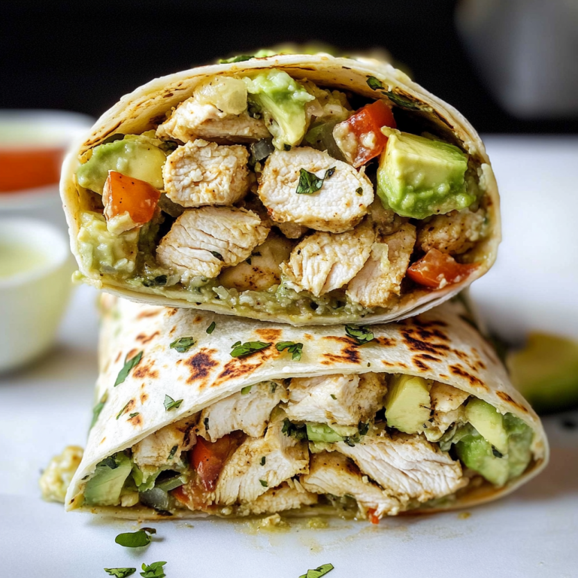 A burrito filled with chicken and avocado.