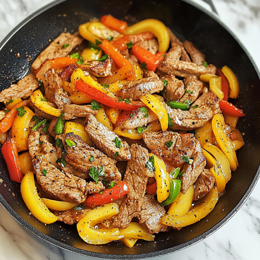 A skillet with peppers and meat in it.