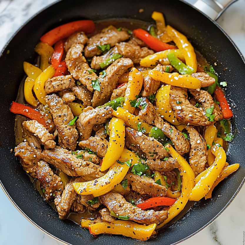 A skillet with a stir fry of peppers and meat.