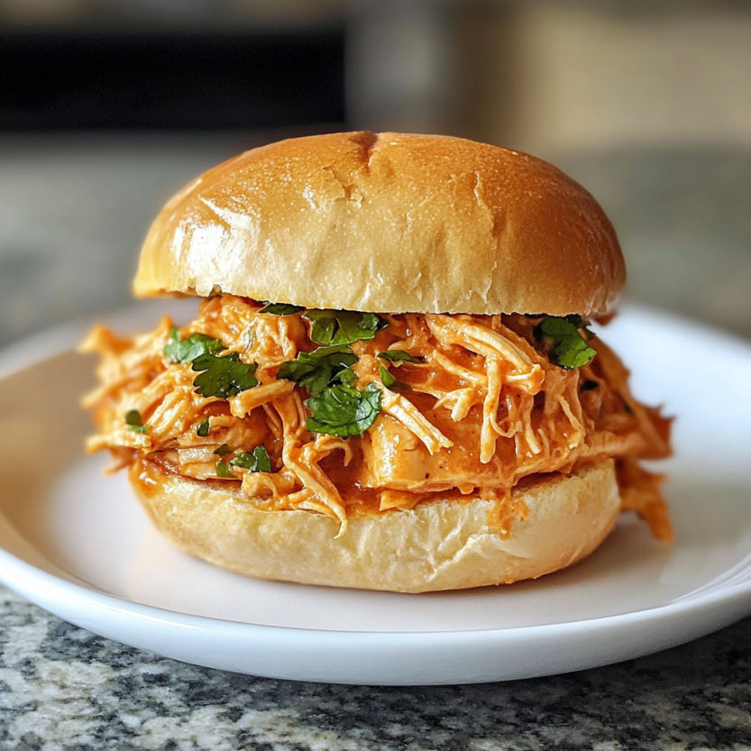 A sandwich with pulled chicken on a white plate.