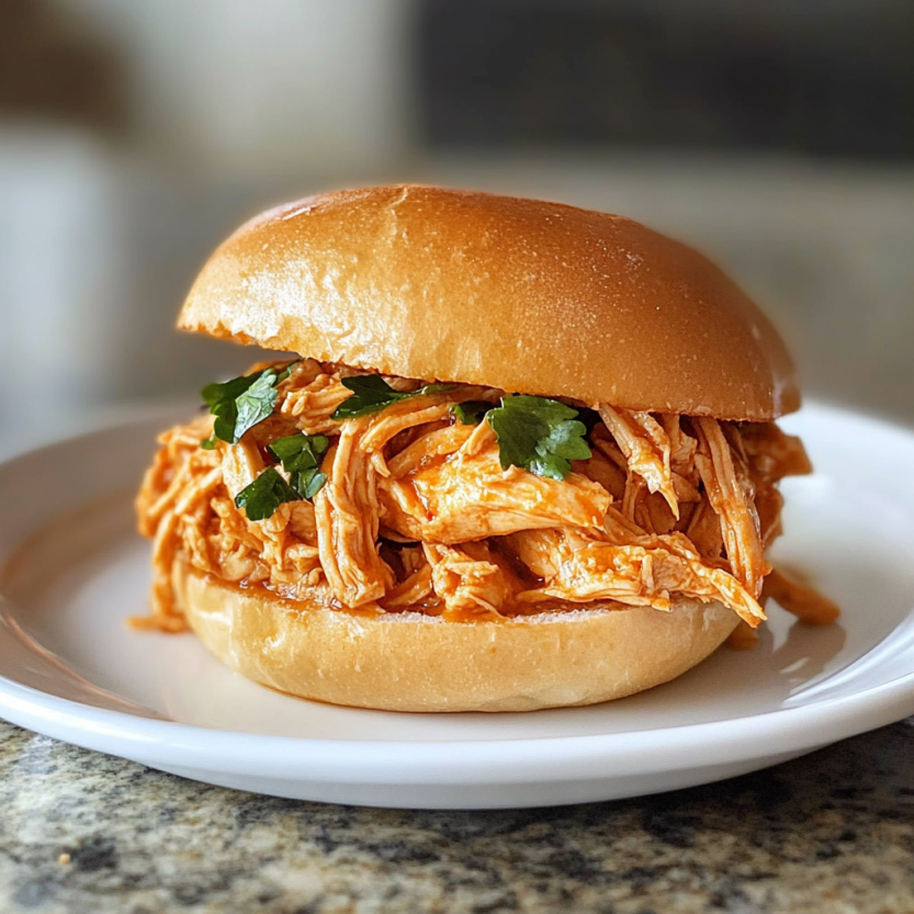 A sandwich with pulled chicken on a white plate.