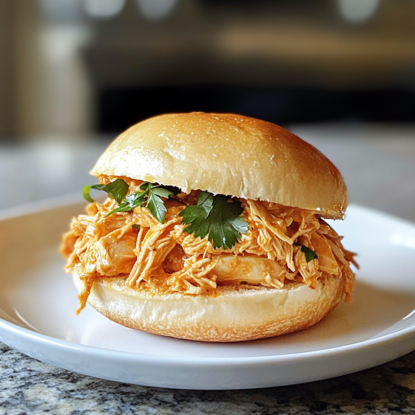 A sandwich with pulled chicken on a plate.