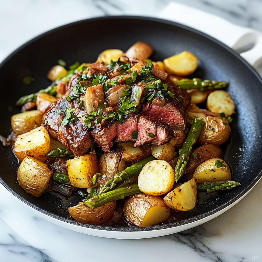 A skillet steak with asparagus and potatoes.