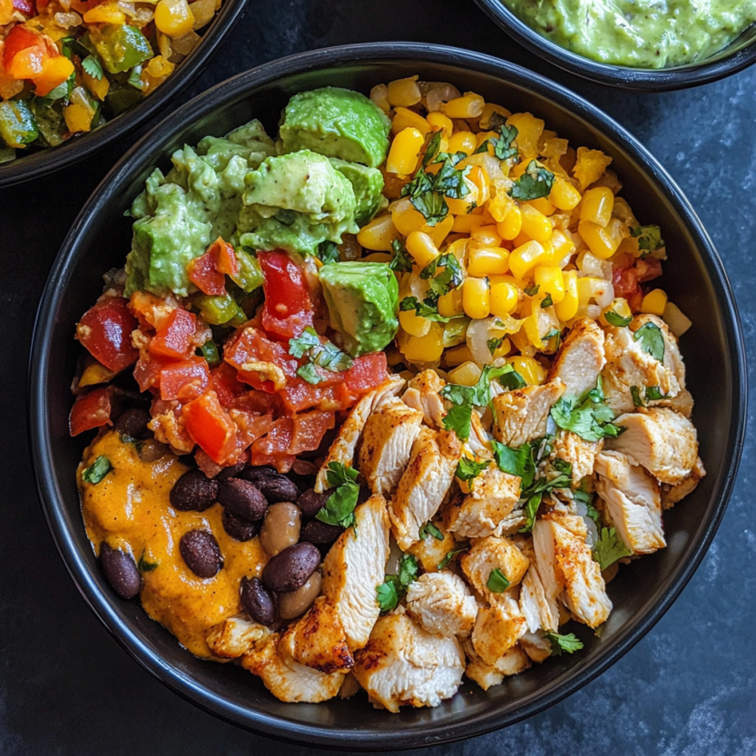 A bowl of food with chicken, beans, and corn.