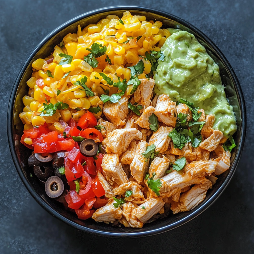 A bowl of food with chicken, avocado, and other ingredients.