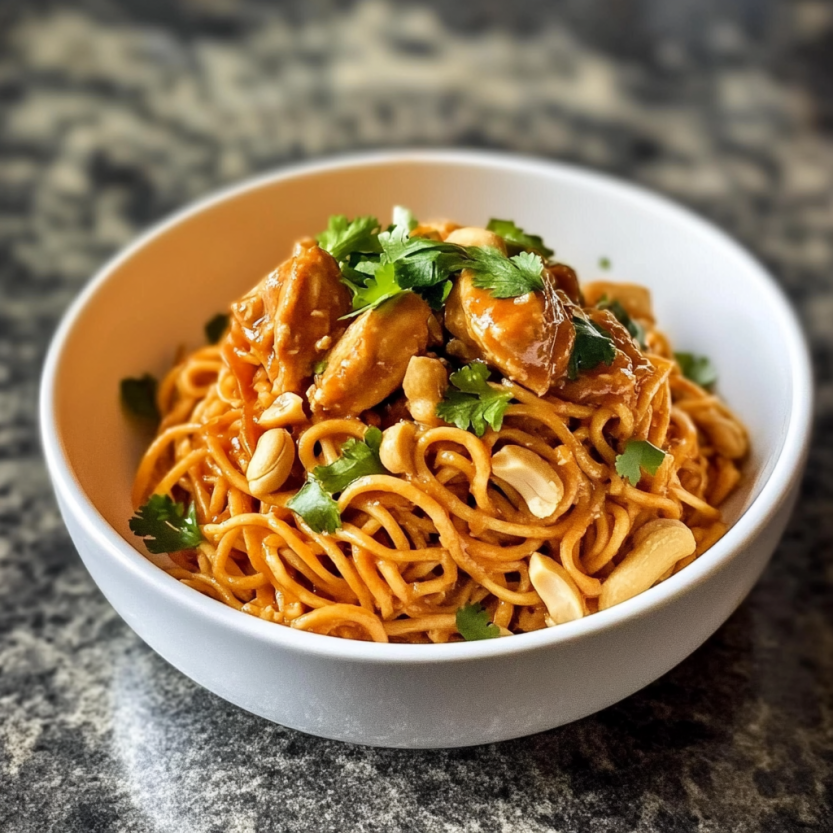 A bowl of spicy noodles with peanuts and green onions.