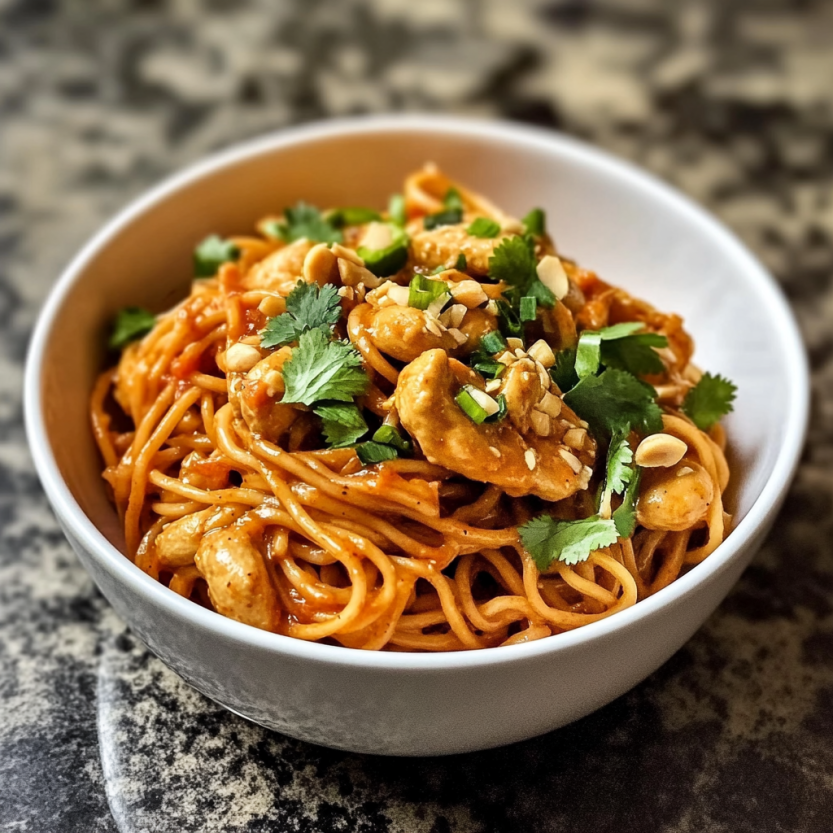A bowl of spicy noodles with peanuts and green onions.