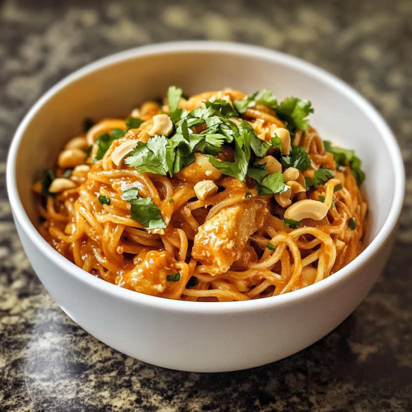A bowl of spicy noodles with peanuts and green onions.