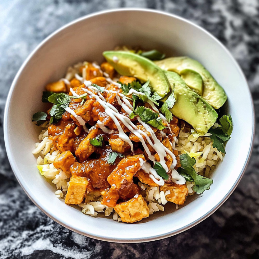 A bowl of food with rice, avocado, and meat.