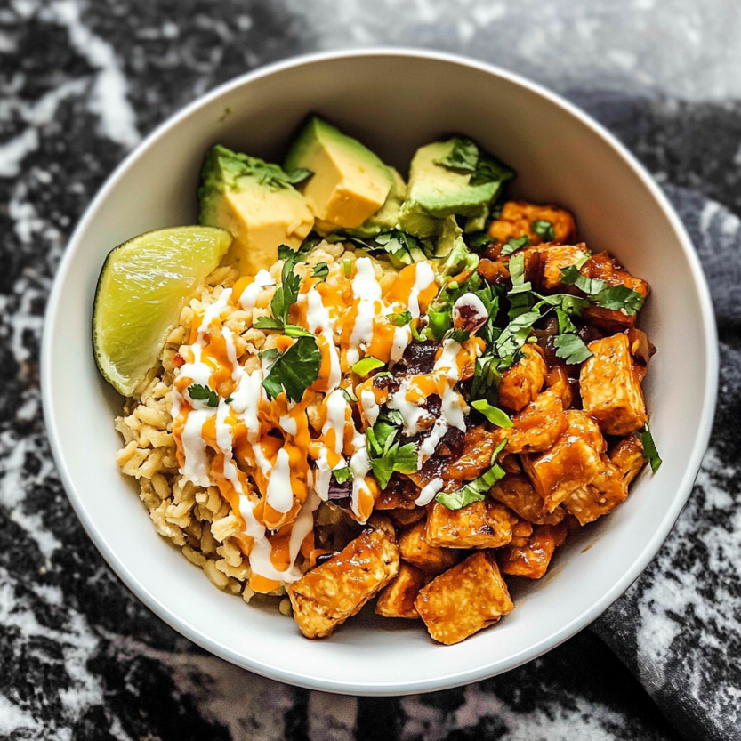 A bowl of food with rice, avocado, and sweet and spicy tempeh.