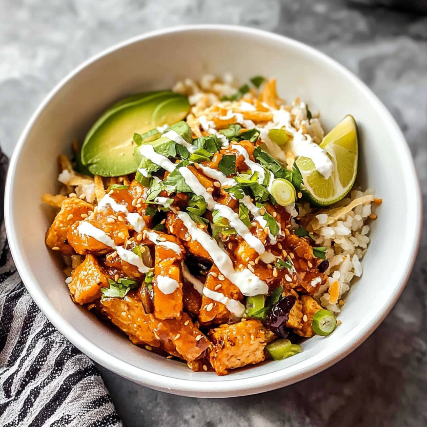 A bowl of food with rice, lime, and avocado.