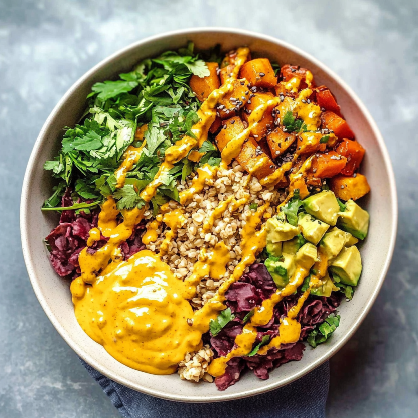 A bowl of food with a yellow sauce on top.