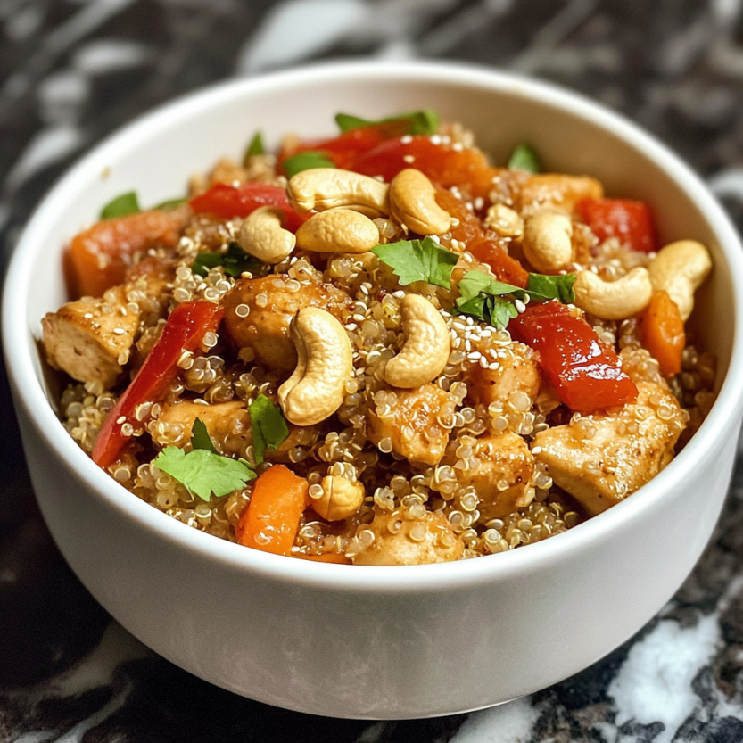 A bowl of cashew chicken quinoa bake.