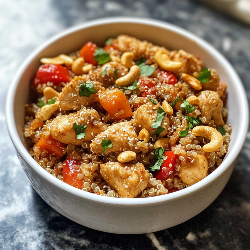 A bowl of chicken and quinoa.