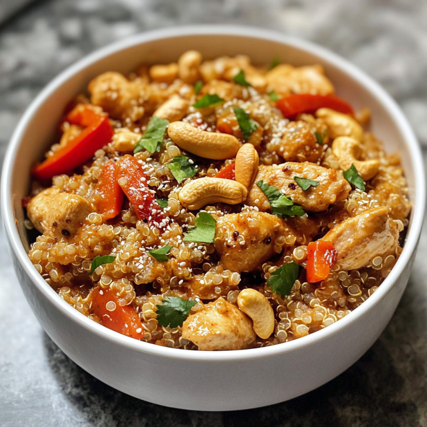A bowl of cashew chicken quinoa bake.