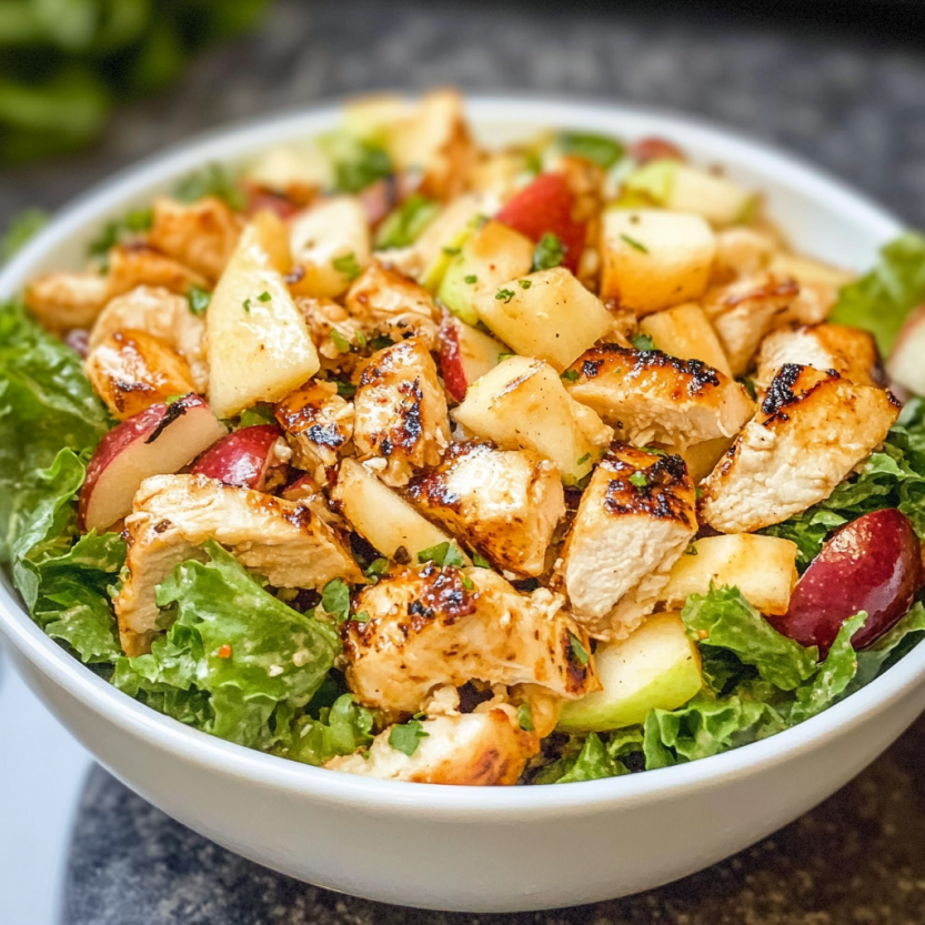 A bowl of grilled chicken salad with white cheddar and apples.