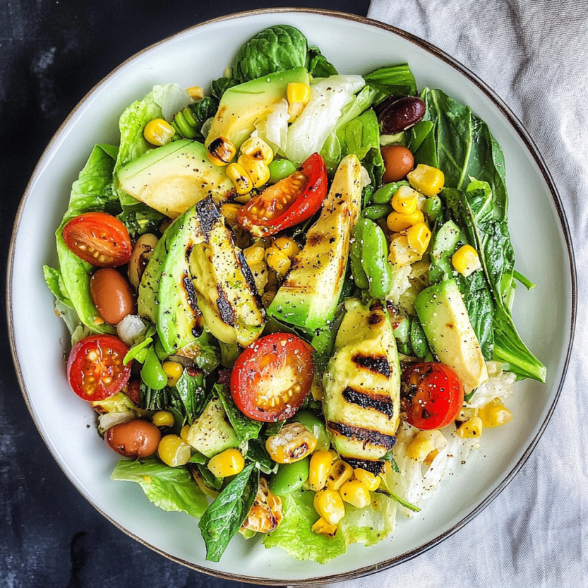 A plate of grilled Romaine salad with corn, fava beans and avocado.