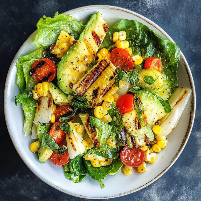 A bowl of grilled romaine salad with corn, fava beans and avocado.