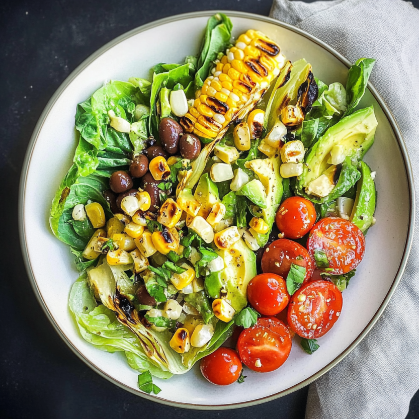 A plate of grilled Romaine salad with corn, fava beans and avocado.