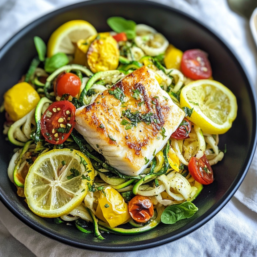 A bowl of food with a fish and vegetables.