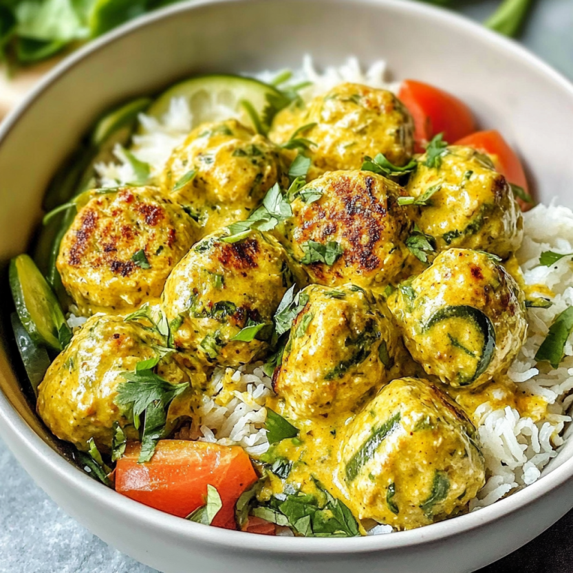 A bowl of food with meatballs, rice, and vegetables.