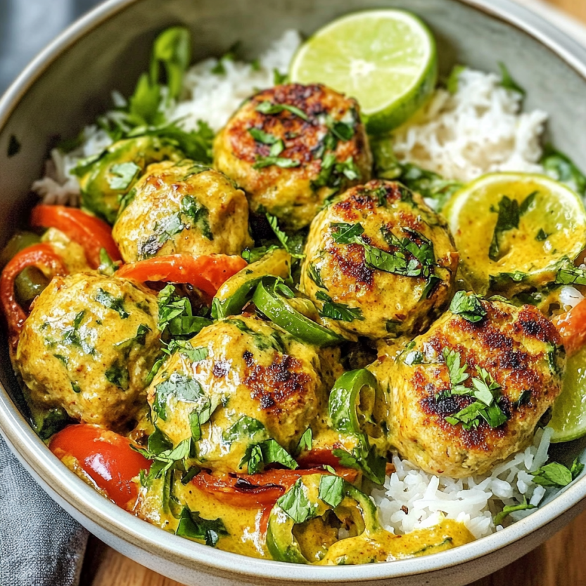 A bowl of food with meatballs and rice.