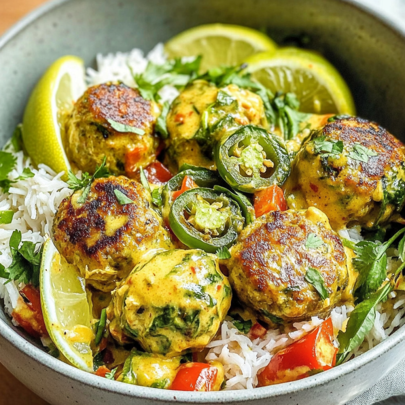 A bowl of food with meatballs, jalapenos, and rice.